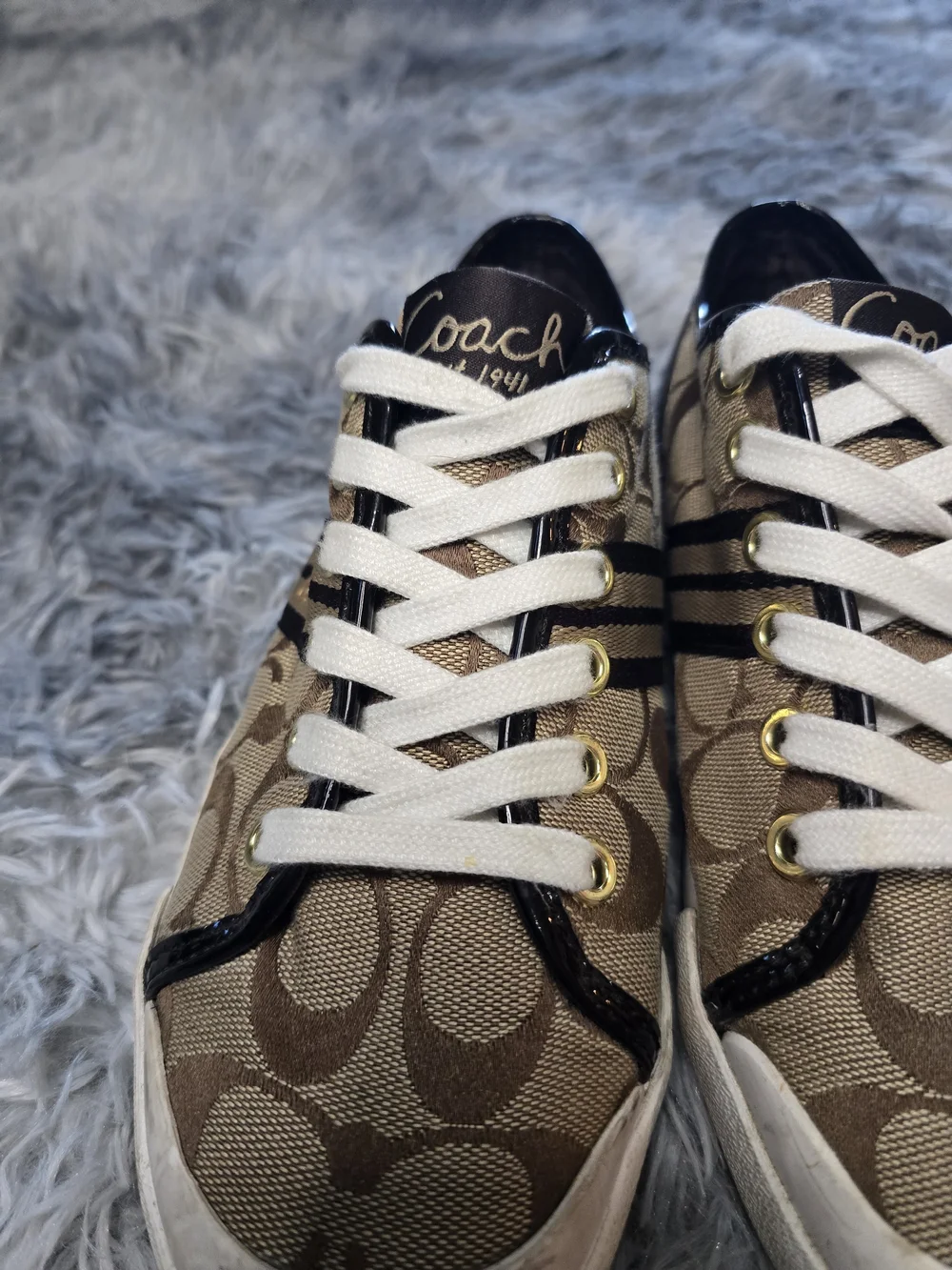 Coach Monogram Low-Top Sneakers in Brown, Cream & Black, Size 6